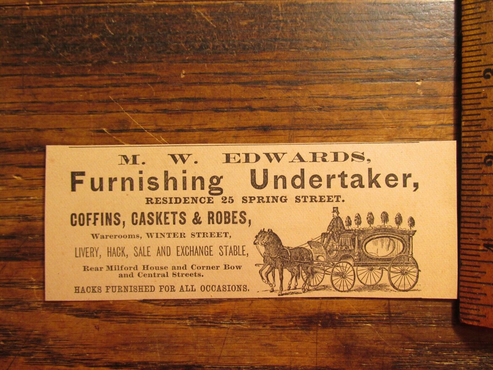 Antique Vintage Ephemera Print Ad 1880s Milford MA Undertaker Coffins MW Edwards