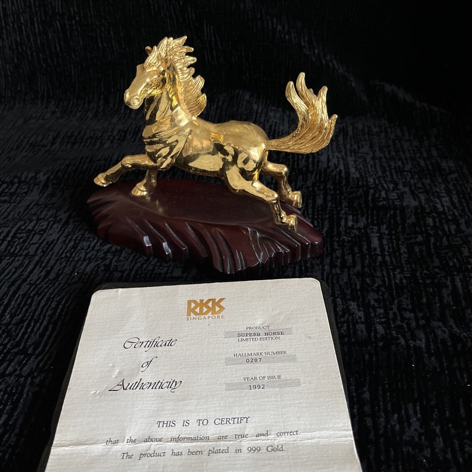 Vintage RISIS Singapore Superb Horse Limited  Edition 999 Gold Plated w/Certifi