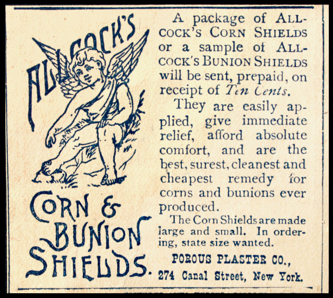 1891 ALLCOCK\'S CORN-BUNION SHIELDS Cherub Graphic Orig Medical Antique Vtg AD
