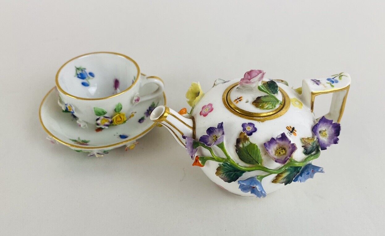 Antique Meissen Porcelain Flower Encrusted Mini Tea Set of 3-Cup, Saucer,Teapot