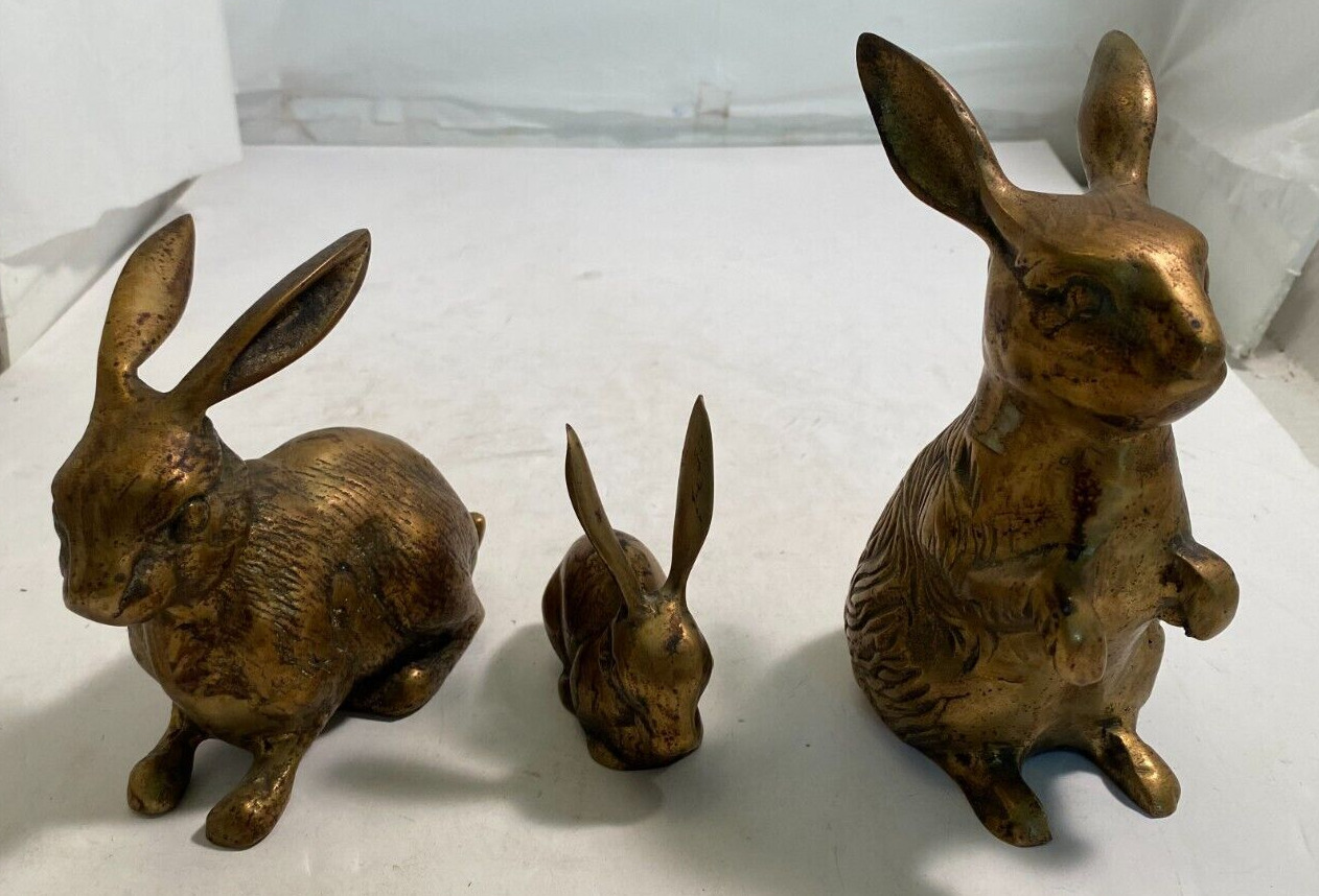 Vintage 3 Piece Brass Figures Rabbit Family