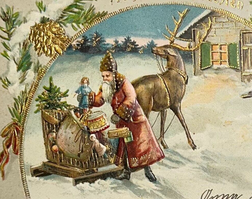 1921 GERMAN Christmas Postcard Rose Coat Santa Loads Toys  Reindeer Sleigh Gilt