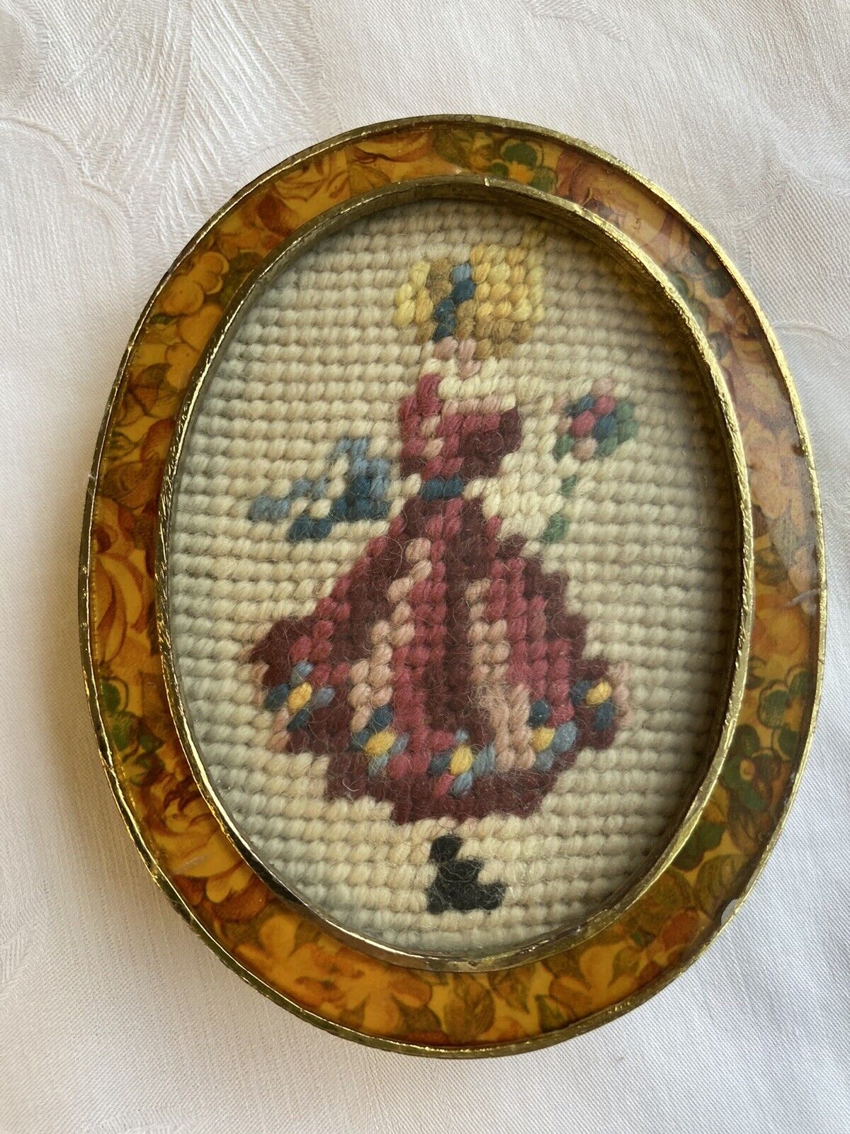 Vintage Needlepoint Oval Picture Enamel Frame  GIRL WITH FLOWERS 4-1/2” By 3-1/2