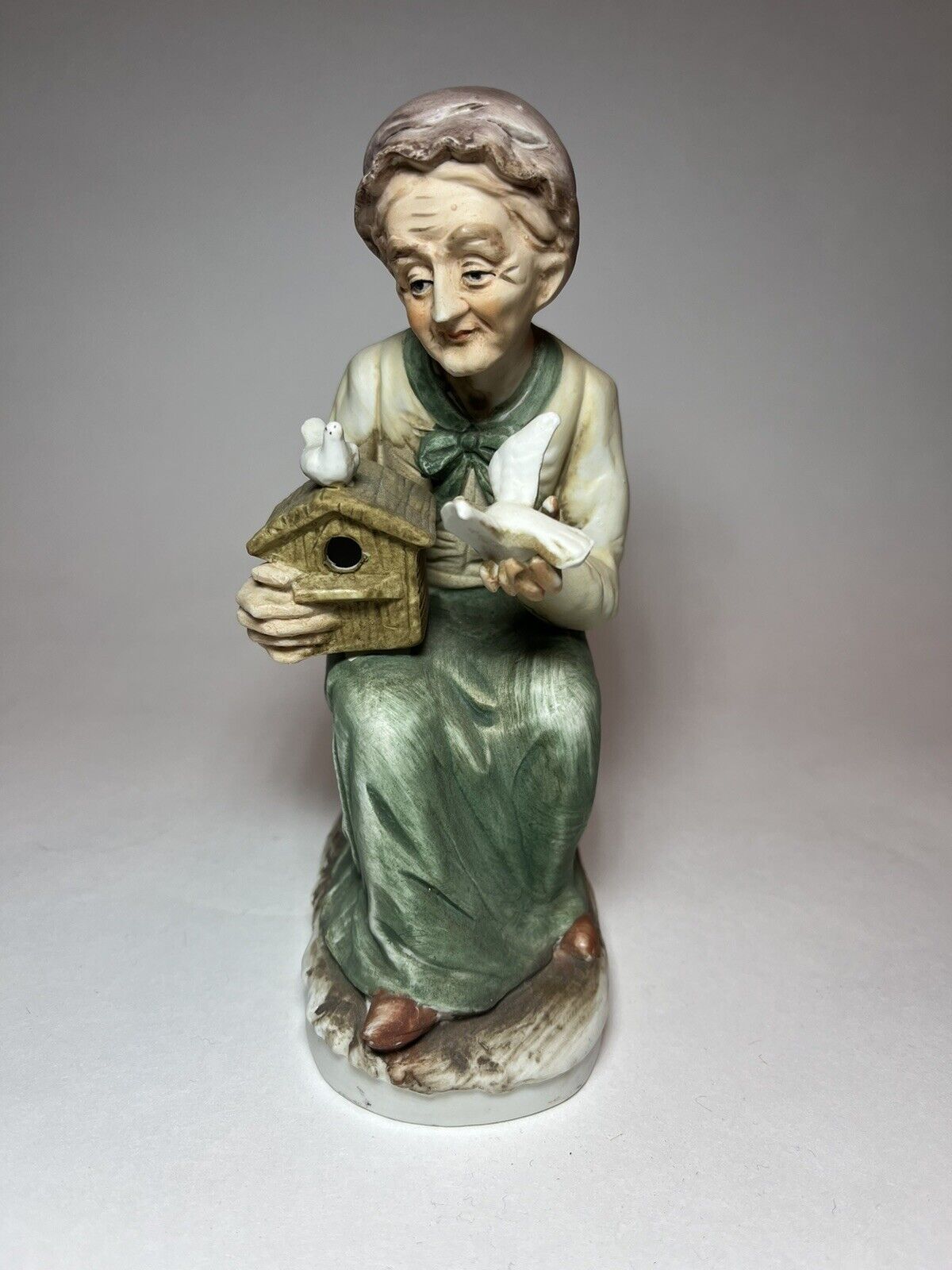 Vintage Old Lady Figurine Porcelain Hand Painted w/ Bird House and Birds