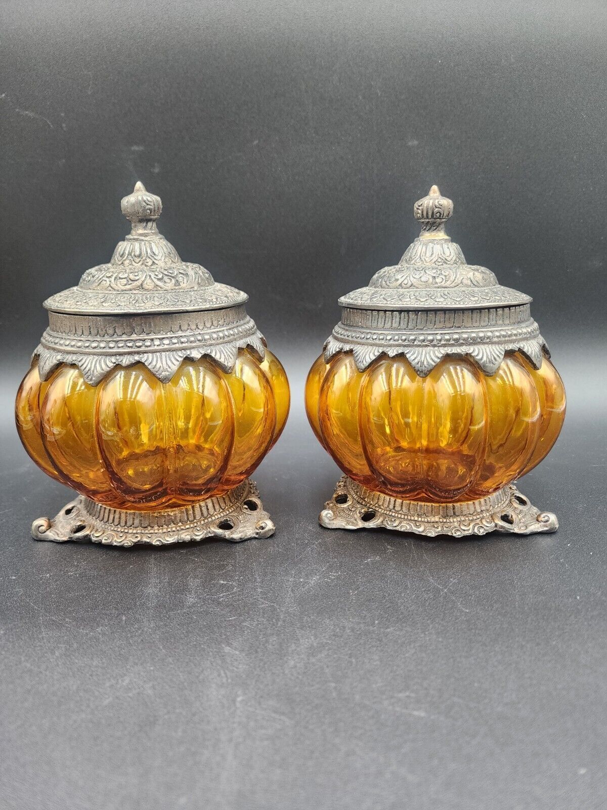 Set of 2 Blown Amber Glass Apothecary Jar Canister Made in India