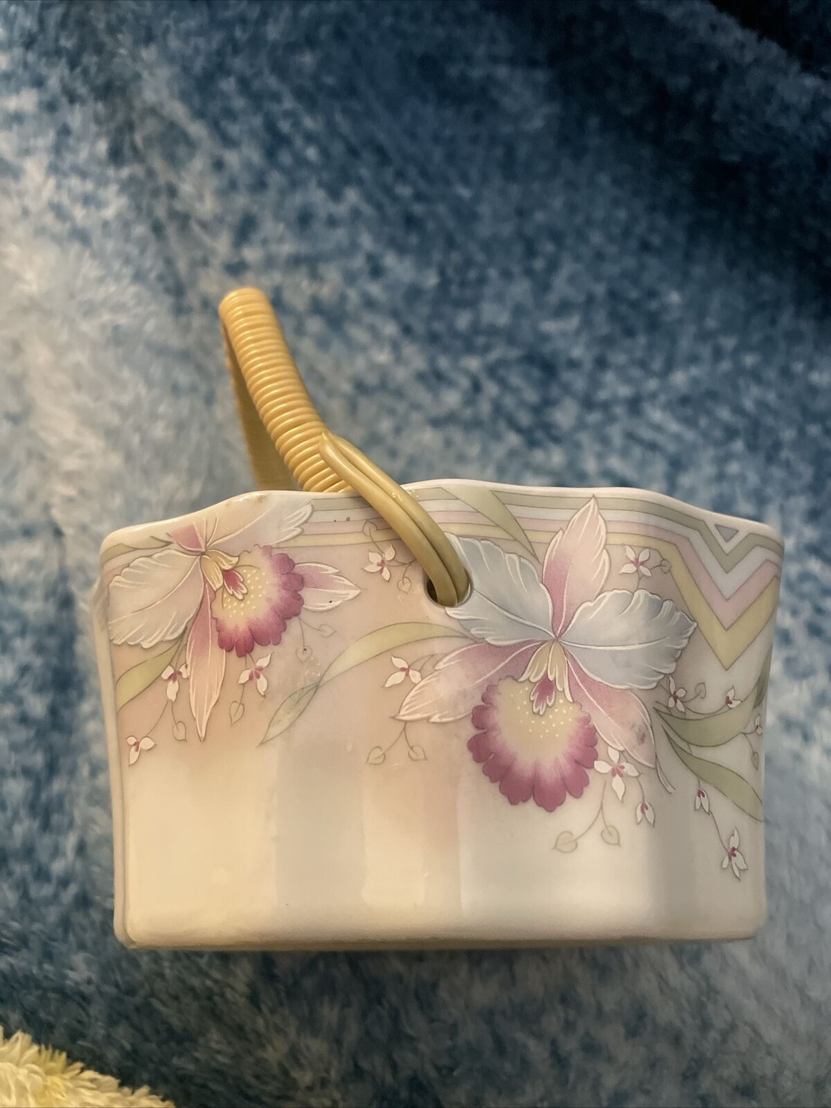 Vintage Russ Berrie Co. Floral Trinket/Basket with Handle -Porcelain Japan