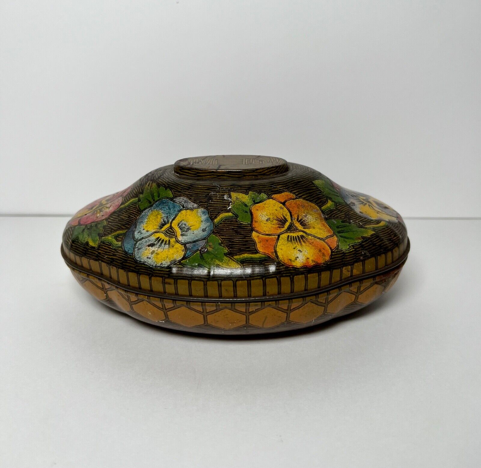 Vintage Toleware Tin Rown Tree Confectionary Oval Tin with Painted Pansies