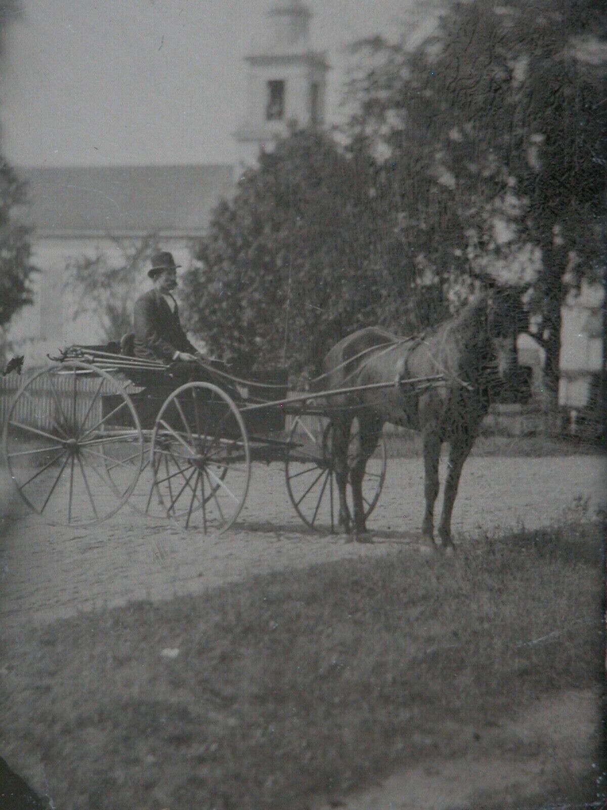 Antique 1890s Tintype Wild West American Frontier Horse & Buggy in Town
