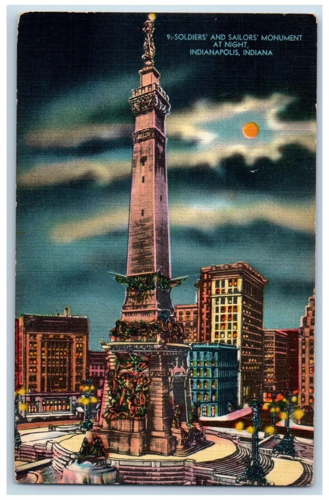 Indianapolis Indiana IN Postcard Soldiers Sailors Monument Night c1940 Vintage