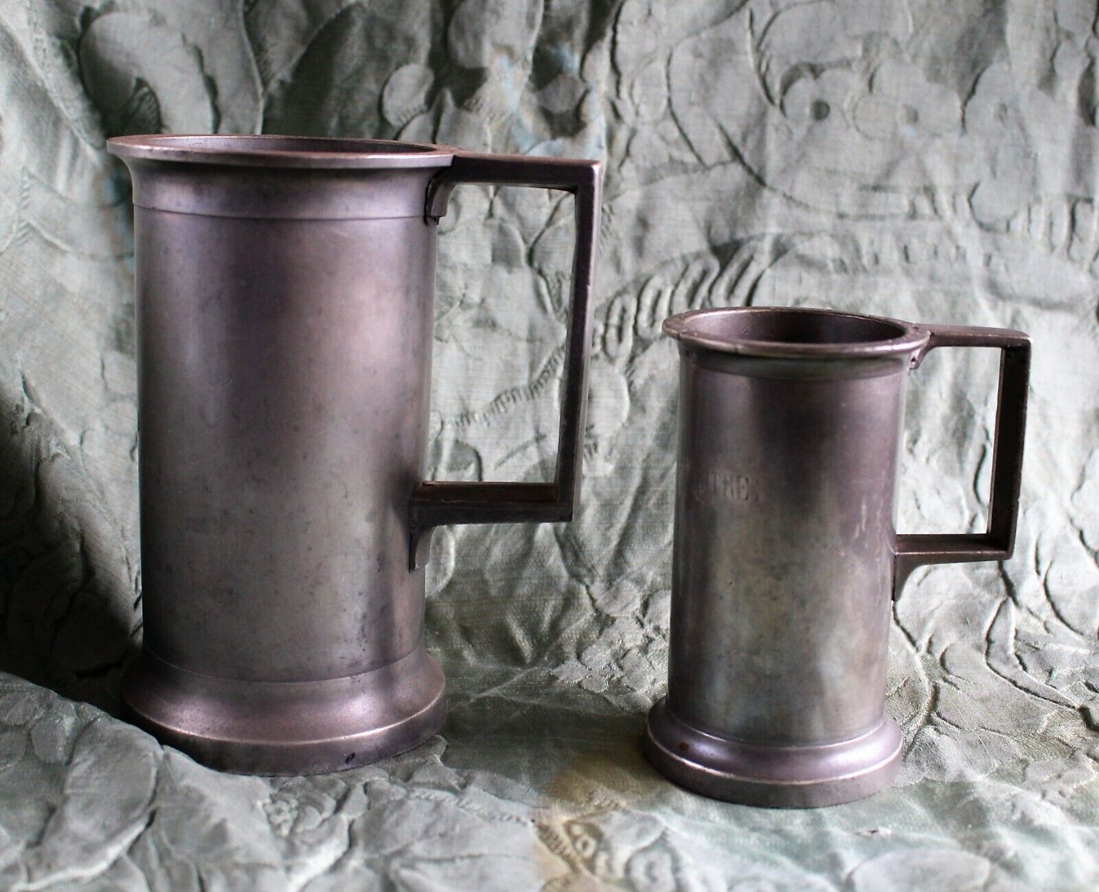 Two 19th c. French Heavy Pewter Measuring Tankards (Demi-Litre&Double Decilitre)