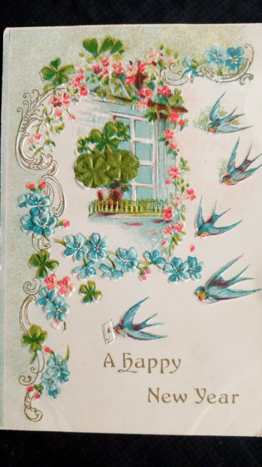 Happy New Year postcard 1907 Embossed Swallows clovers Writing on back unmarked