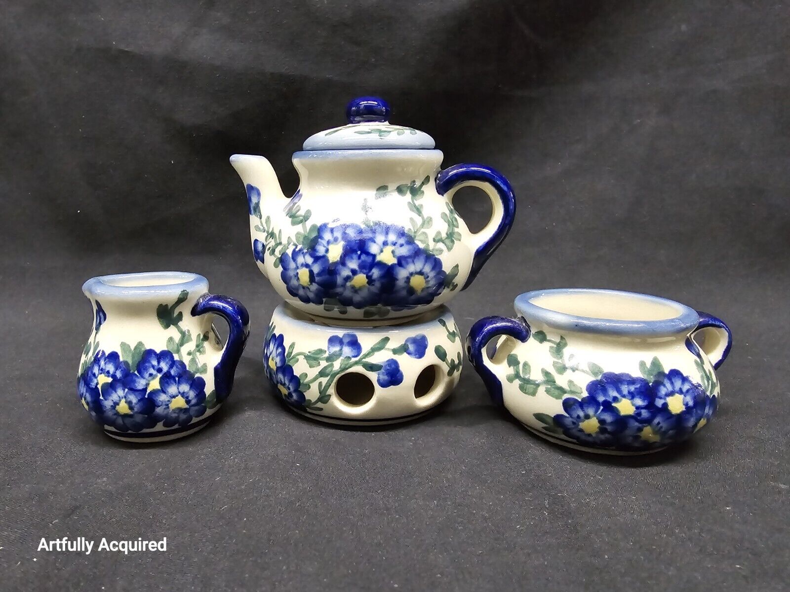minature polish pottery tea set Blue Flowers 