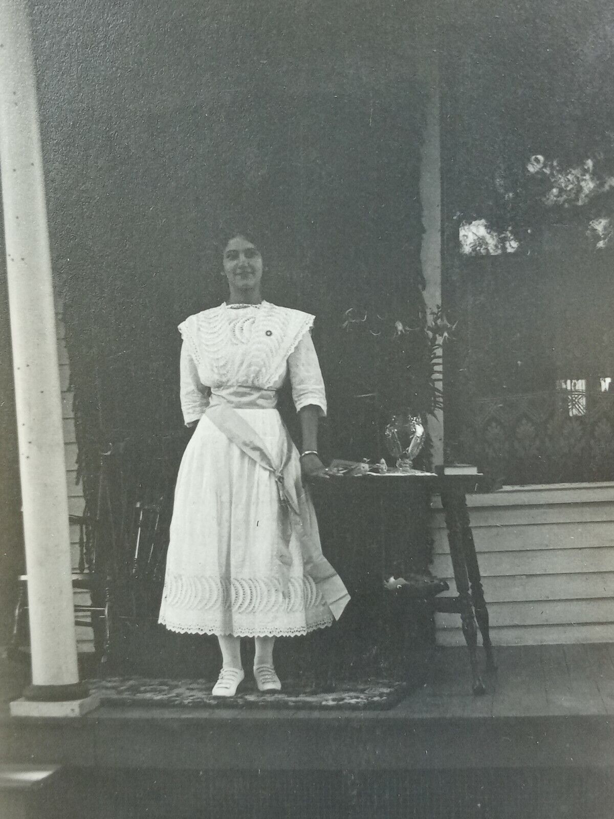 c1900s Porch Teen Brunette Girl Dress Vera Bowman Antique RPPC 1910s