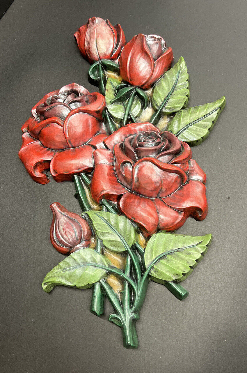 Vintage 1971 MCM Red Roses Flowers Ceramic Wall Hanging Handmade17”x11”