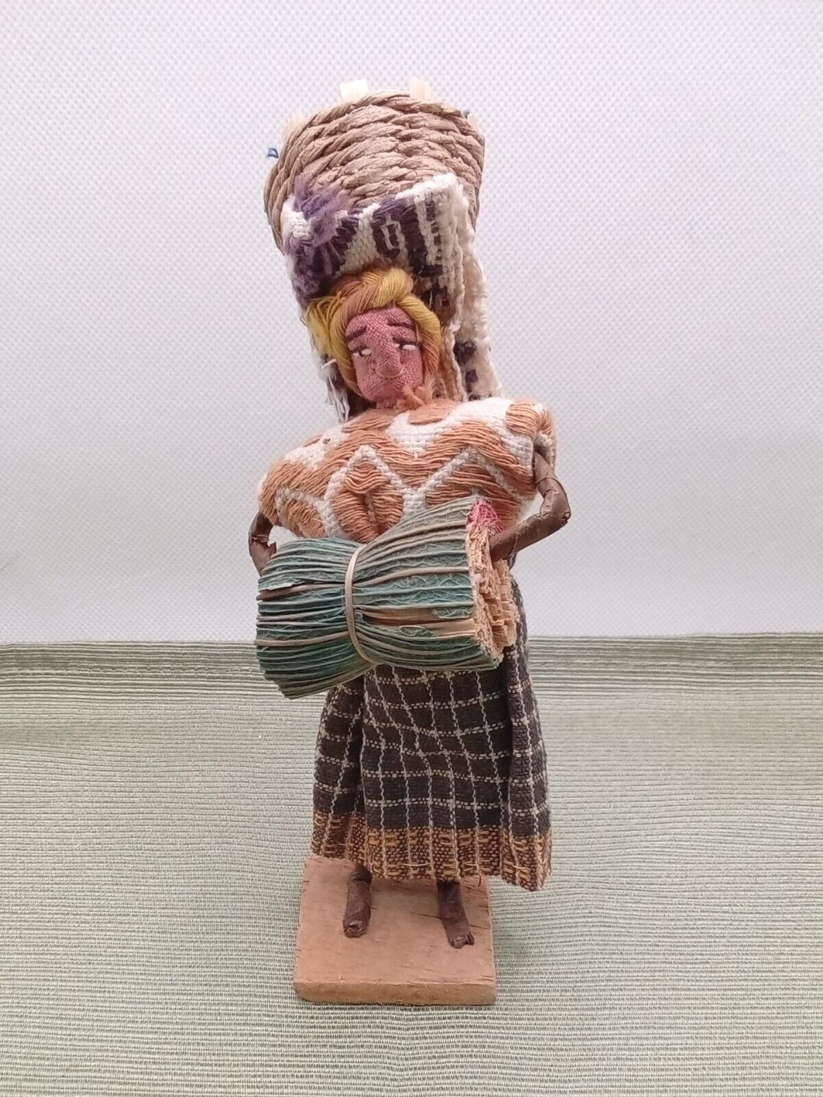 Rare Vintage Ethnic Cloth Souvenir Doll W/ Hand Stitched Face & Dried Leaf Arms 