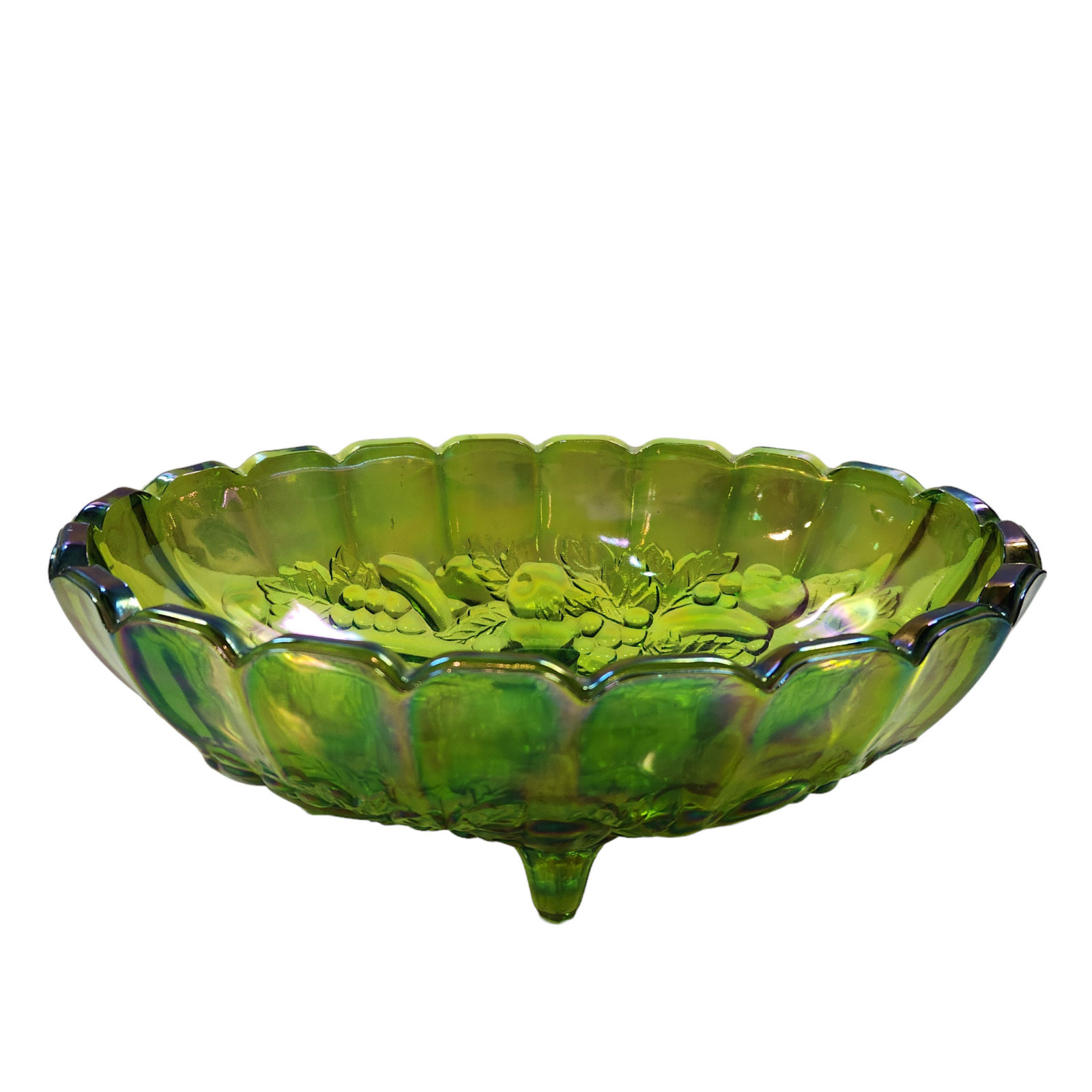 Vintage Indiana Glass Green Iridescent Harvest Fruit Carnival Footed Bowl