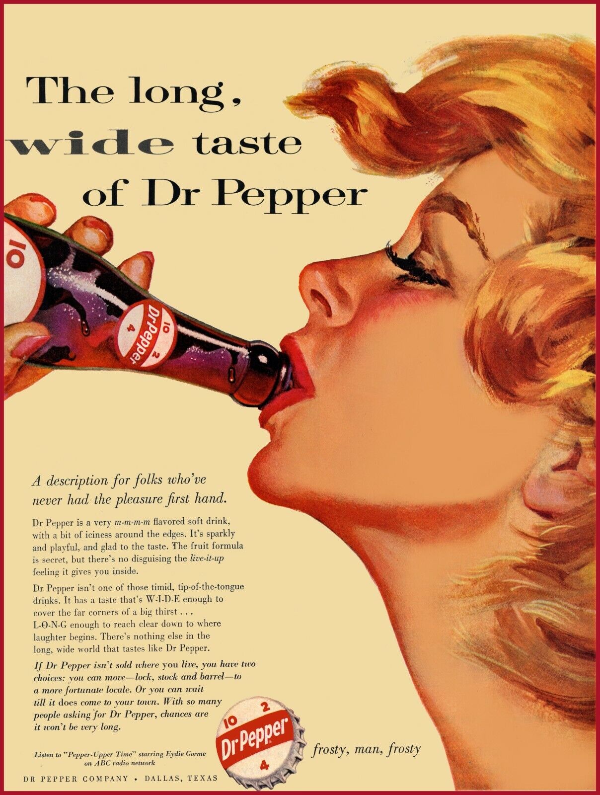1959 Dr. Pepper Soft Drink NEW Metal Sign: The Long, Wide Taste - Frosty, MAN