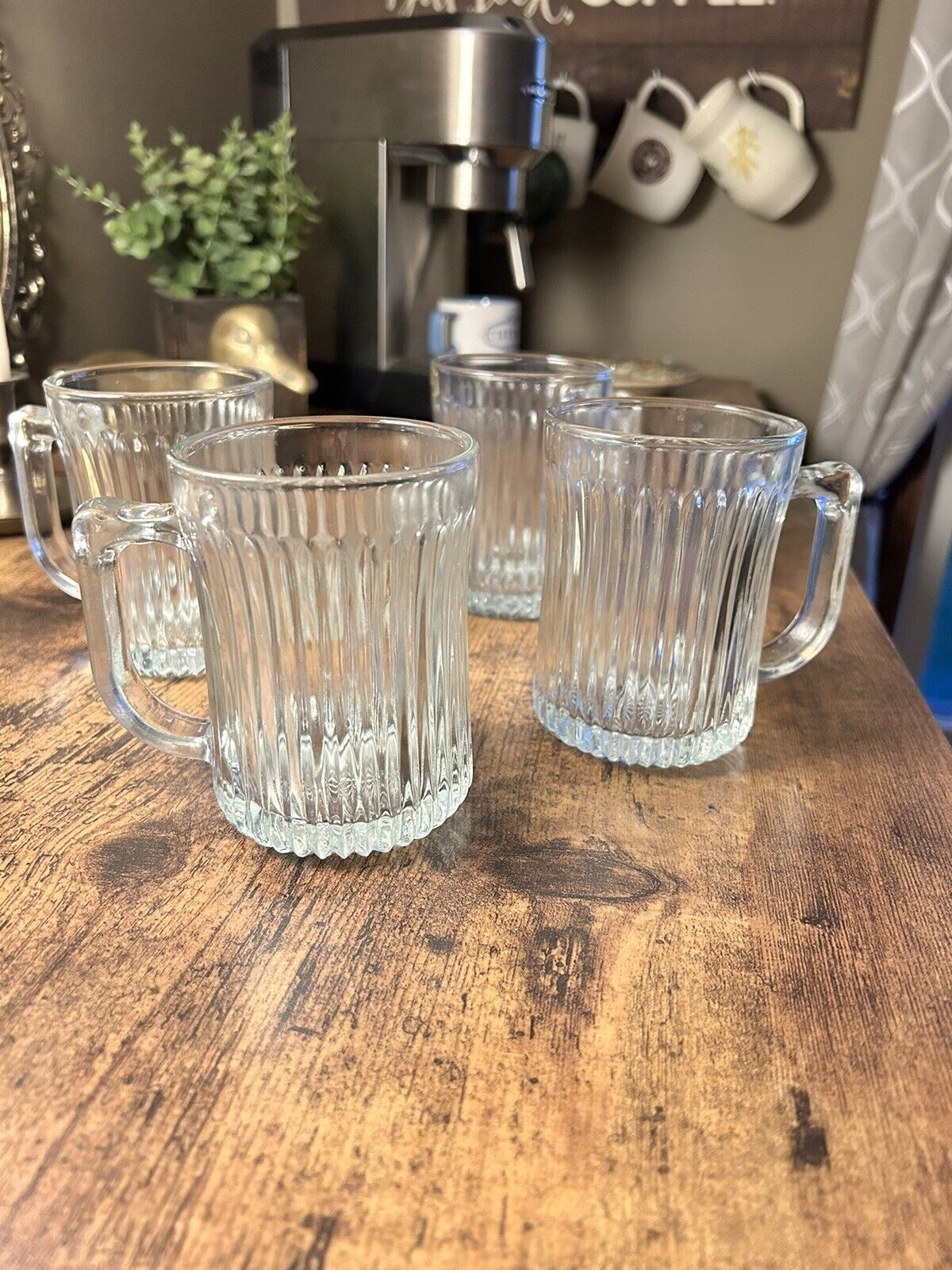VINTAGE ROYAL CREST BY GIBSON RIBBED CLEAR GLASS COFFEE CUPS MUGS SET OF 4