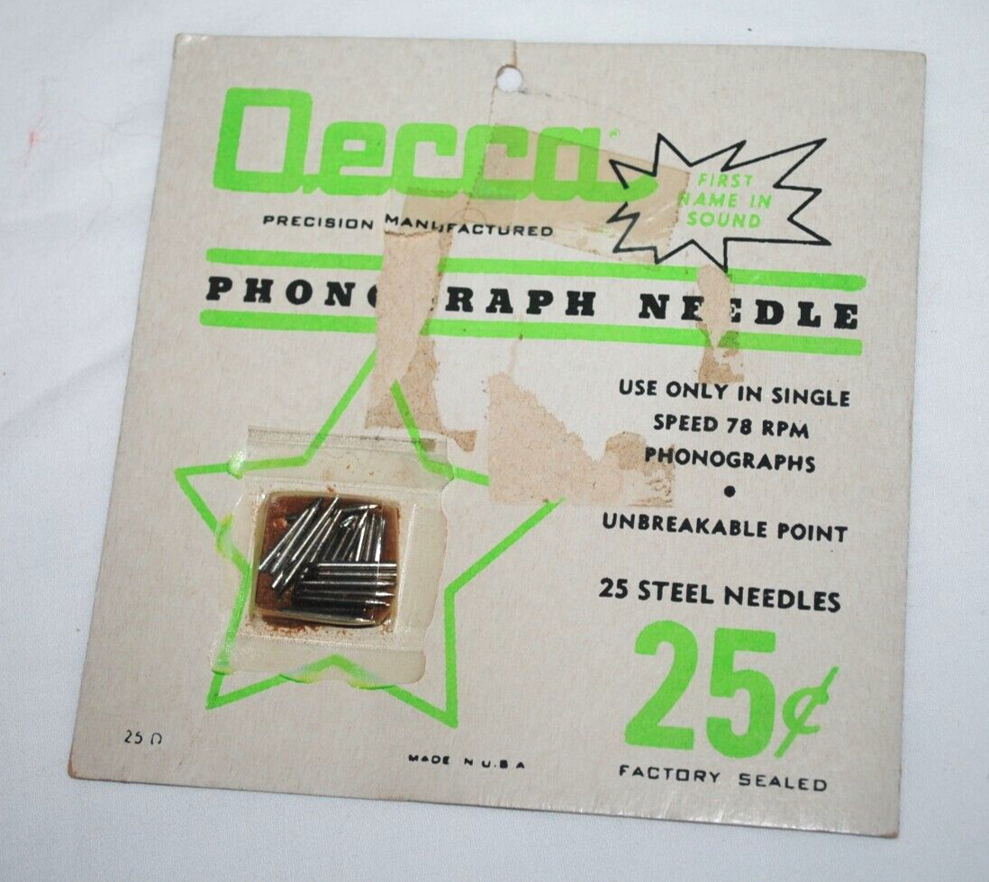 Vintage Decca 78 rpm record phonograph needles, package of 25 steel needles