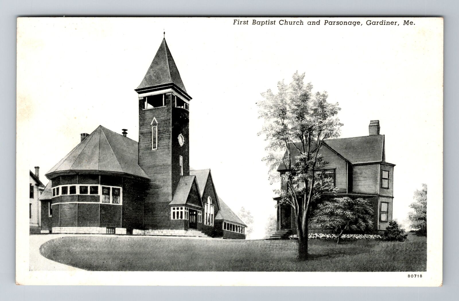 Gardiner ME-Maine, First Baptist Church And Parsonage, Antique Vintage Postcard