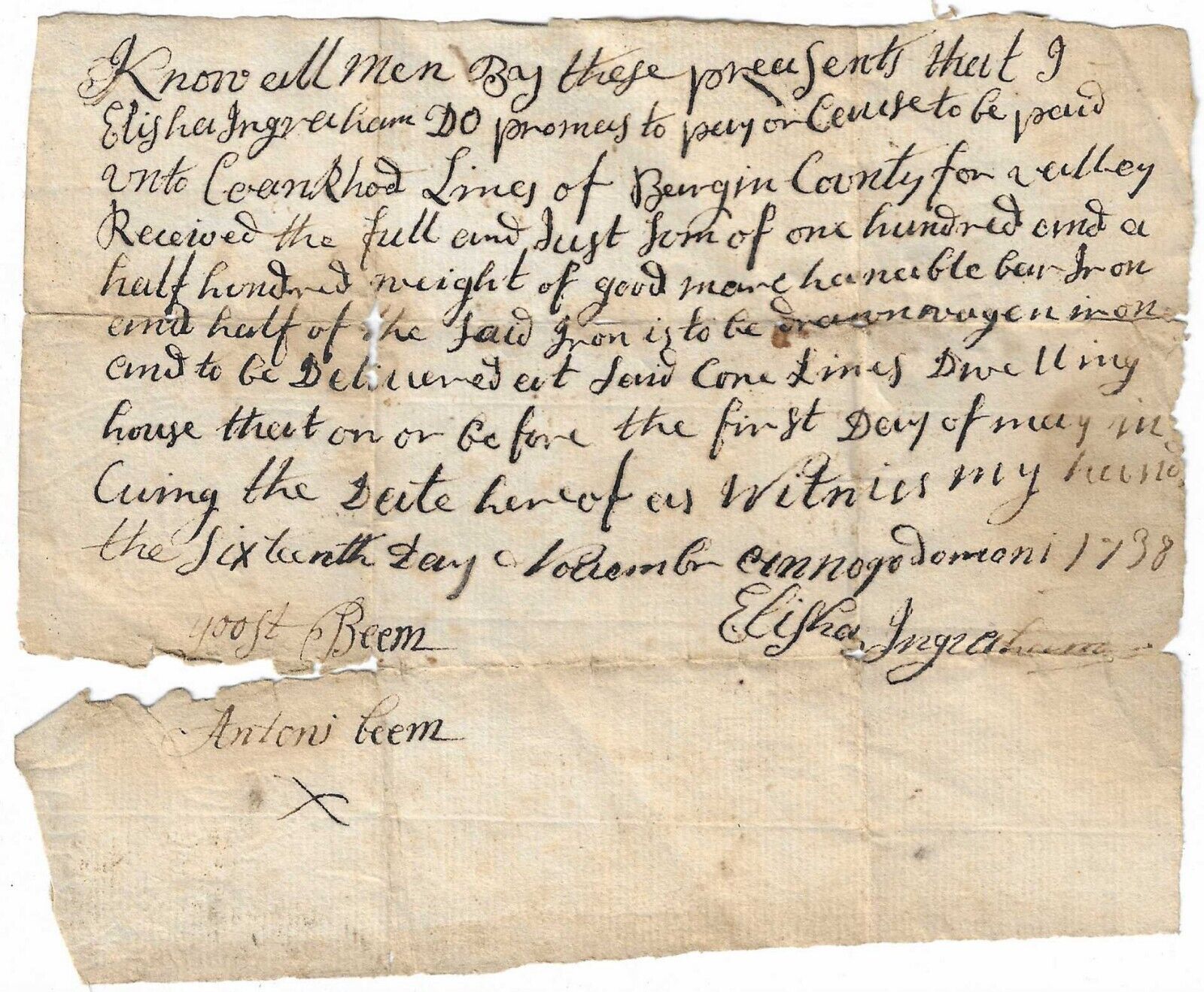 1738 Pompton NJ Iron Receipt Handwritten Lines Ingraham Beam Colonial New Jersey