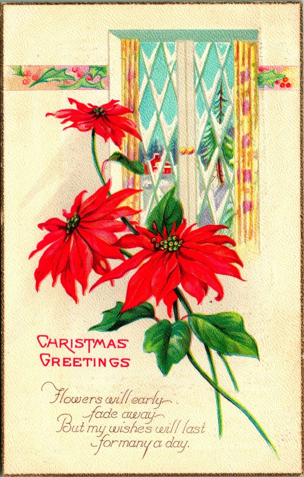 Christmas Greetings Pointsettias Icy Window Poem Textured 1924 Vtg Postcard 
