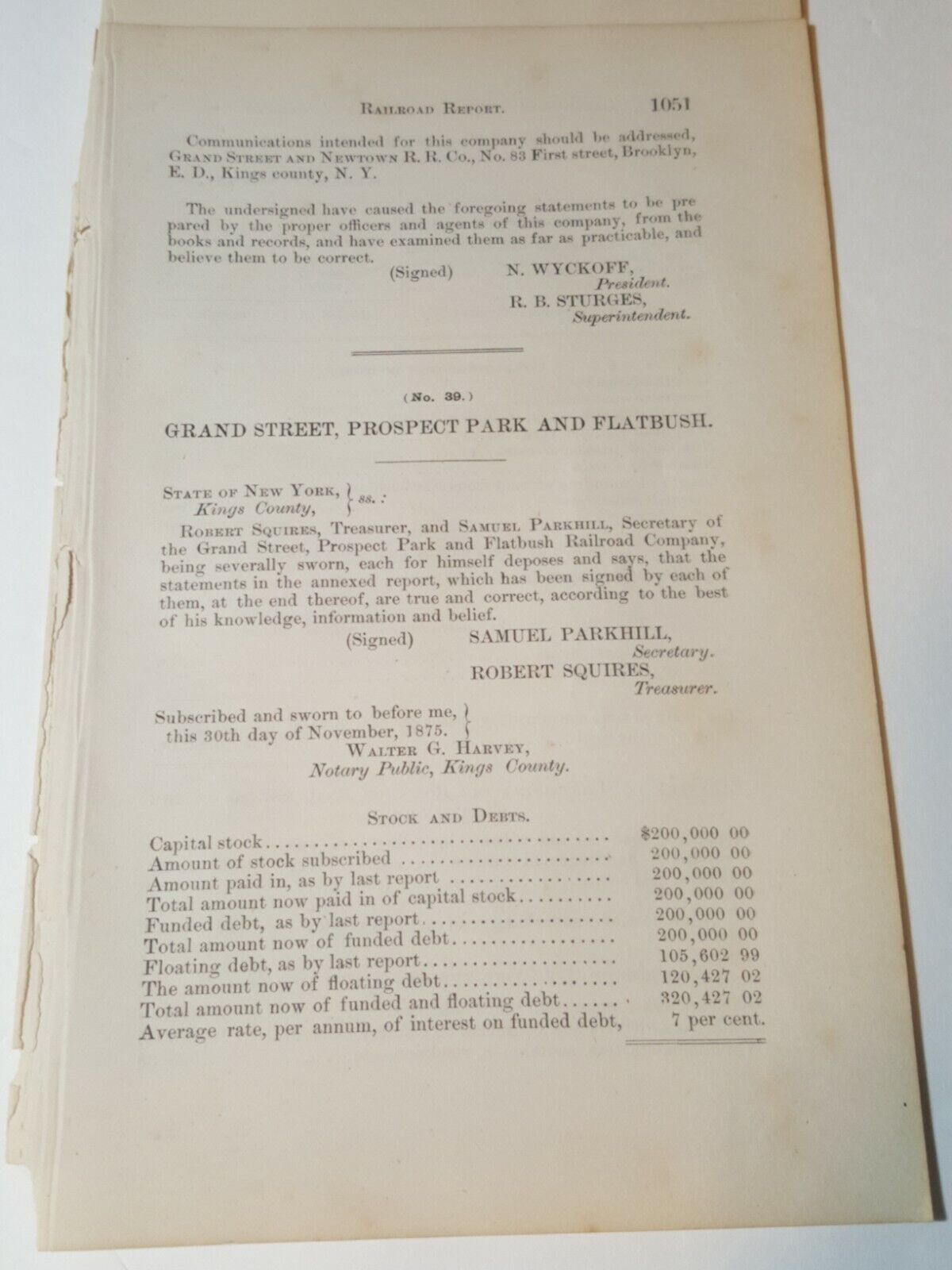 1875 NY train document GRAND STREET PROSPECT PARK & FLATBUSH HORSE RAILROAD 