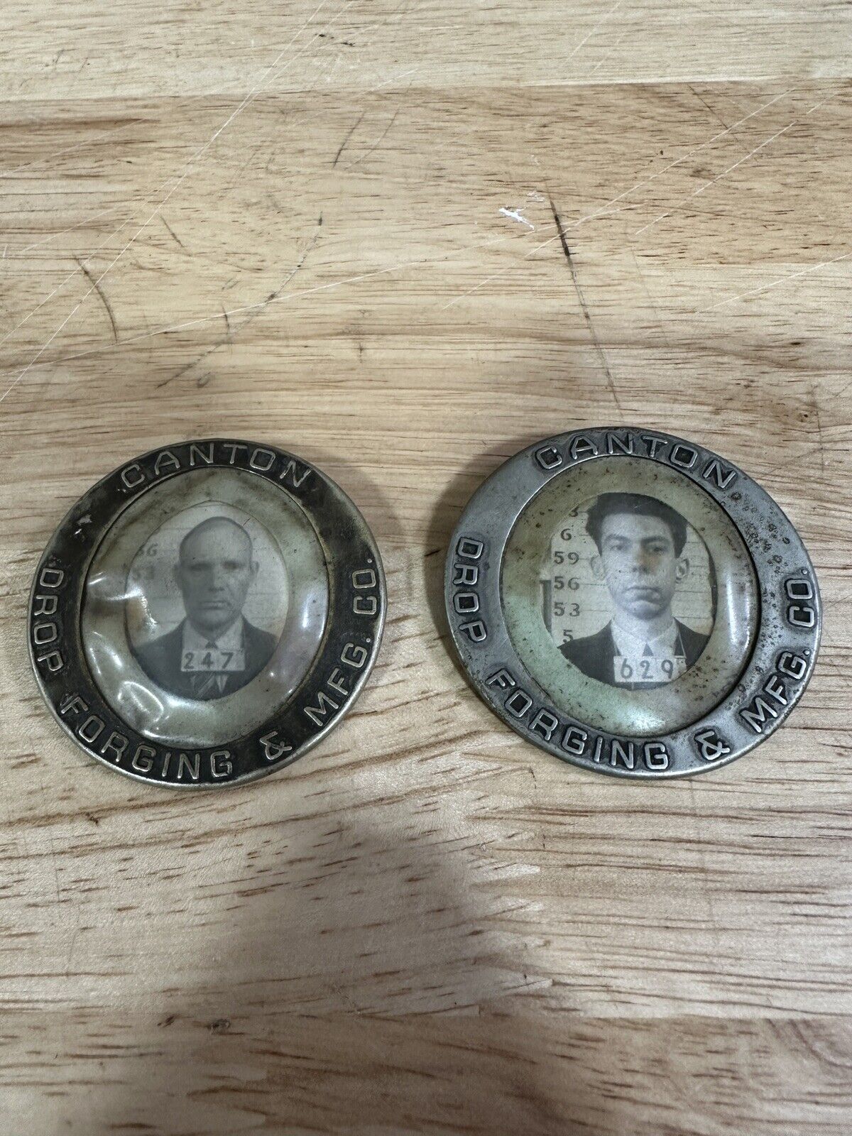Antique 1940s Pair Of Canton Drop Forging & MFG Co. Employee Badges With Photos 