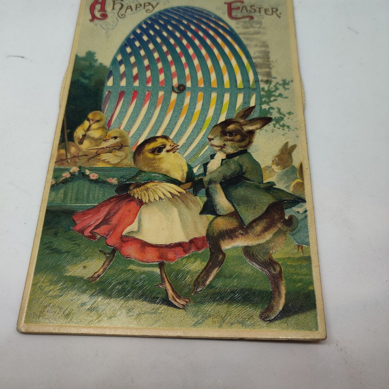 Vintage 1915 Happy Easter Bunny and Chick dancing wheel movement Egg Germany