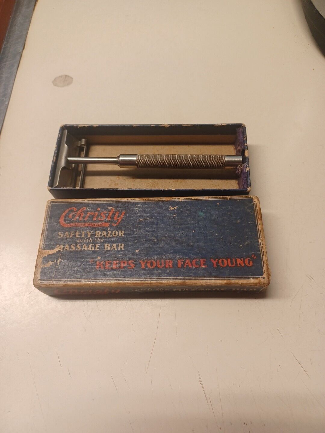 Vintage 1930s Christy Single Edge Safety Razor With Massage Bar In Original Box 