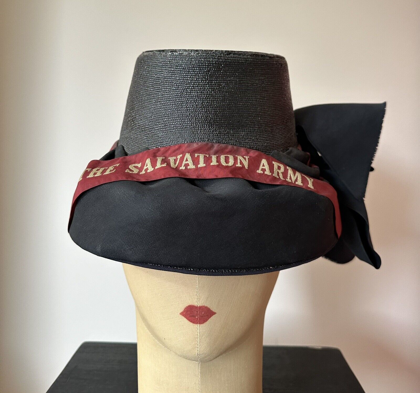 Vintage 1940s 50s Salvation Army black red ribbon uniform hat bonnet