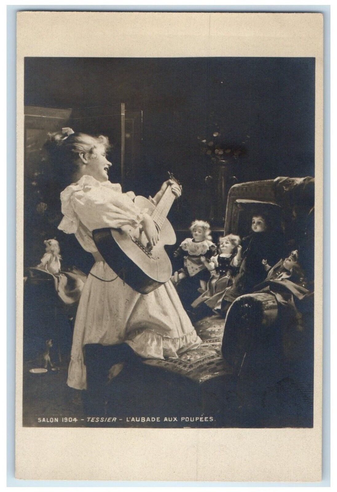 c1905 Girl Serenading Dolls France RPPC Photo Unposted Antique Postcard