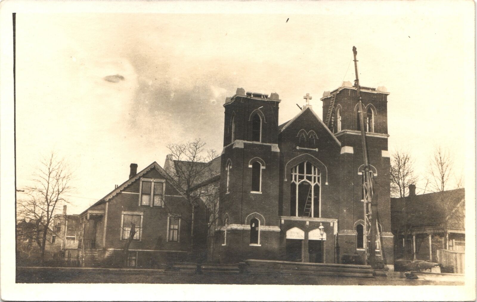 BRICK CHURCH CONSTRUCTION WITH CRANE real photo postcard OCCUPATIONAL 1910s rppc