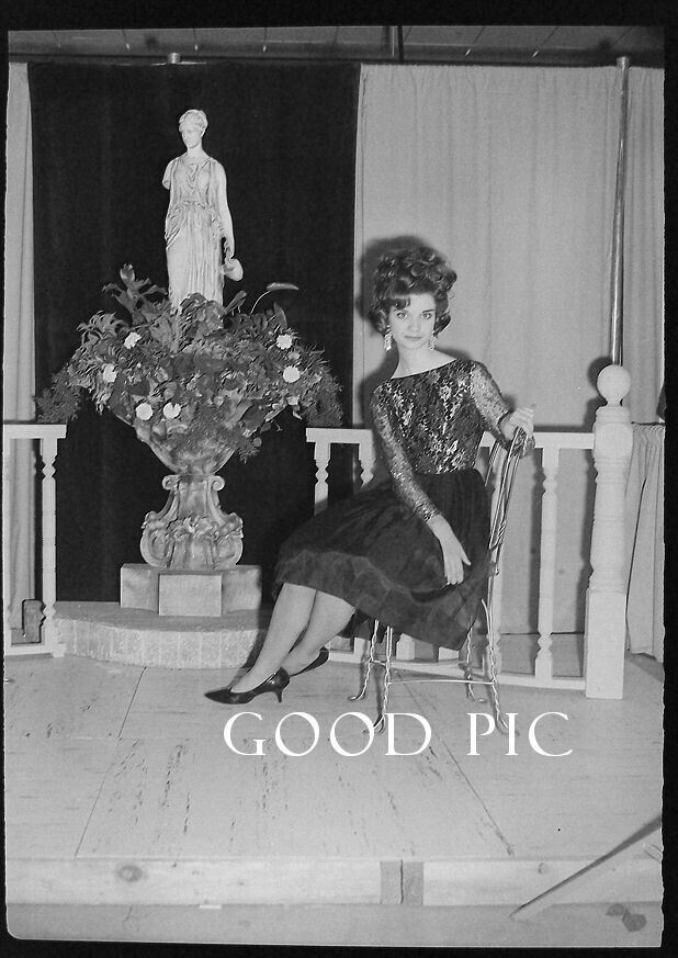 #DK - a Vintage Photo Negative- Pretty Woman on Chair by Statue