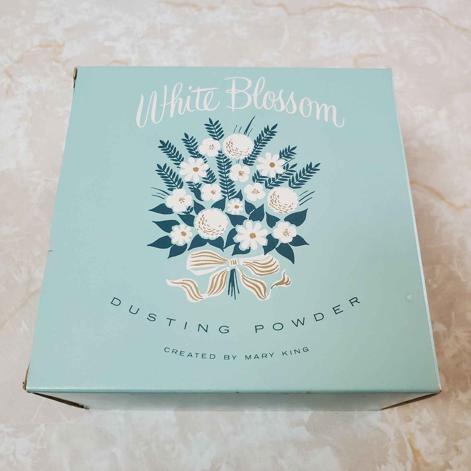 Vintage White Blossom Dusting Powder Created by Mary King Blue White w/ Box