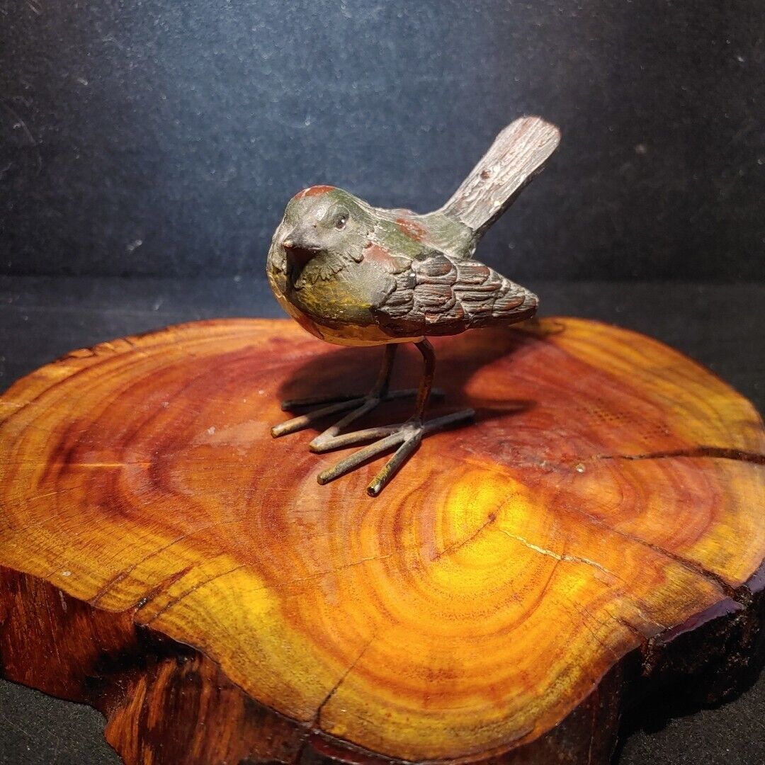 Small Bird Figurine Carved Wood With Metal Legs