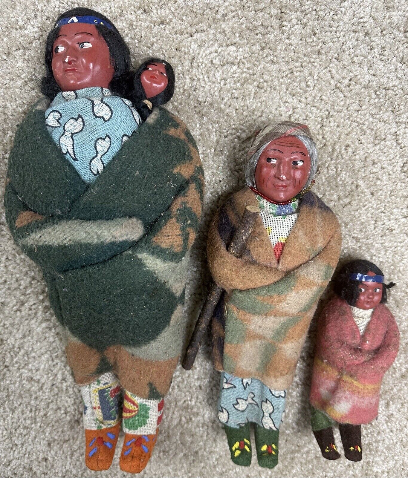 Vintage Skookum Native American Chinook Indian Dolls 15”w/Papoose Baby Lot Of 3
