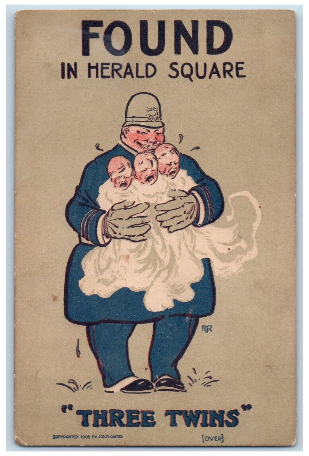 c1910\'s Policeman Taking Care Baby Three Twins Crying Posted Antique Postcard