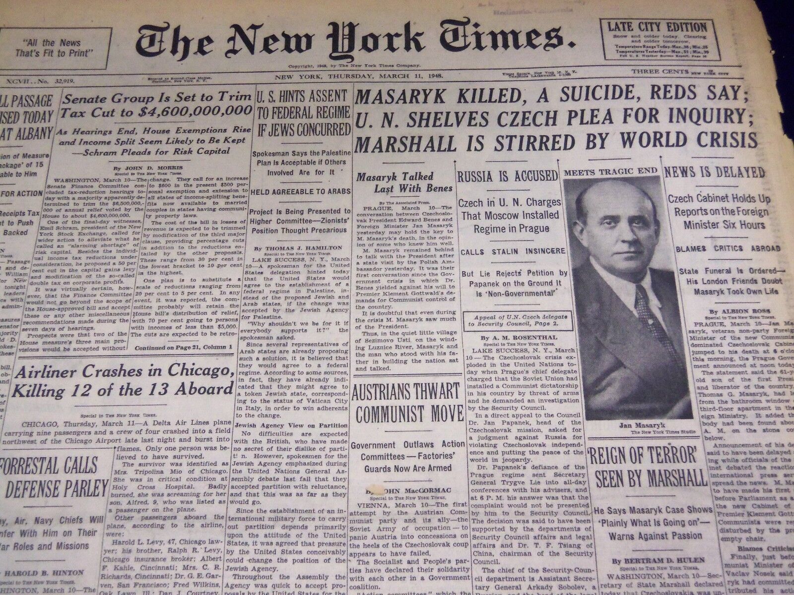 1948 MARCH 11 NEW YORK TIMES - MASARYK KILLED, A SUICIDE - NT 3381