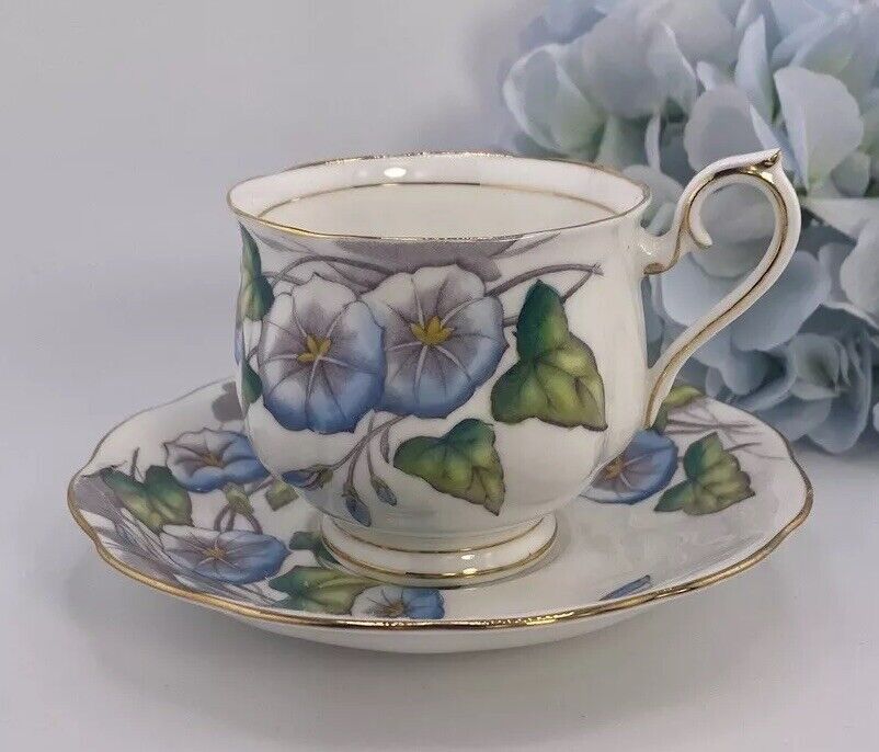 Royal Albert Bone China Morning Glory Teacup & Saucer, Blue Hand Painted Flowers