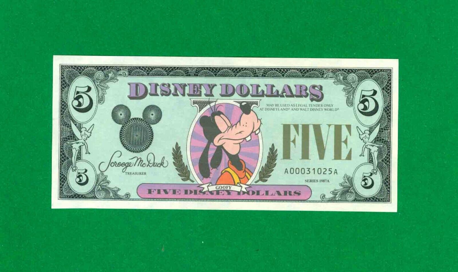 $5 1987-A A/A 1 DISNEY DOLLAR GOOFY CU.