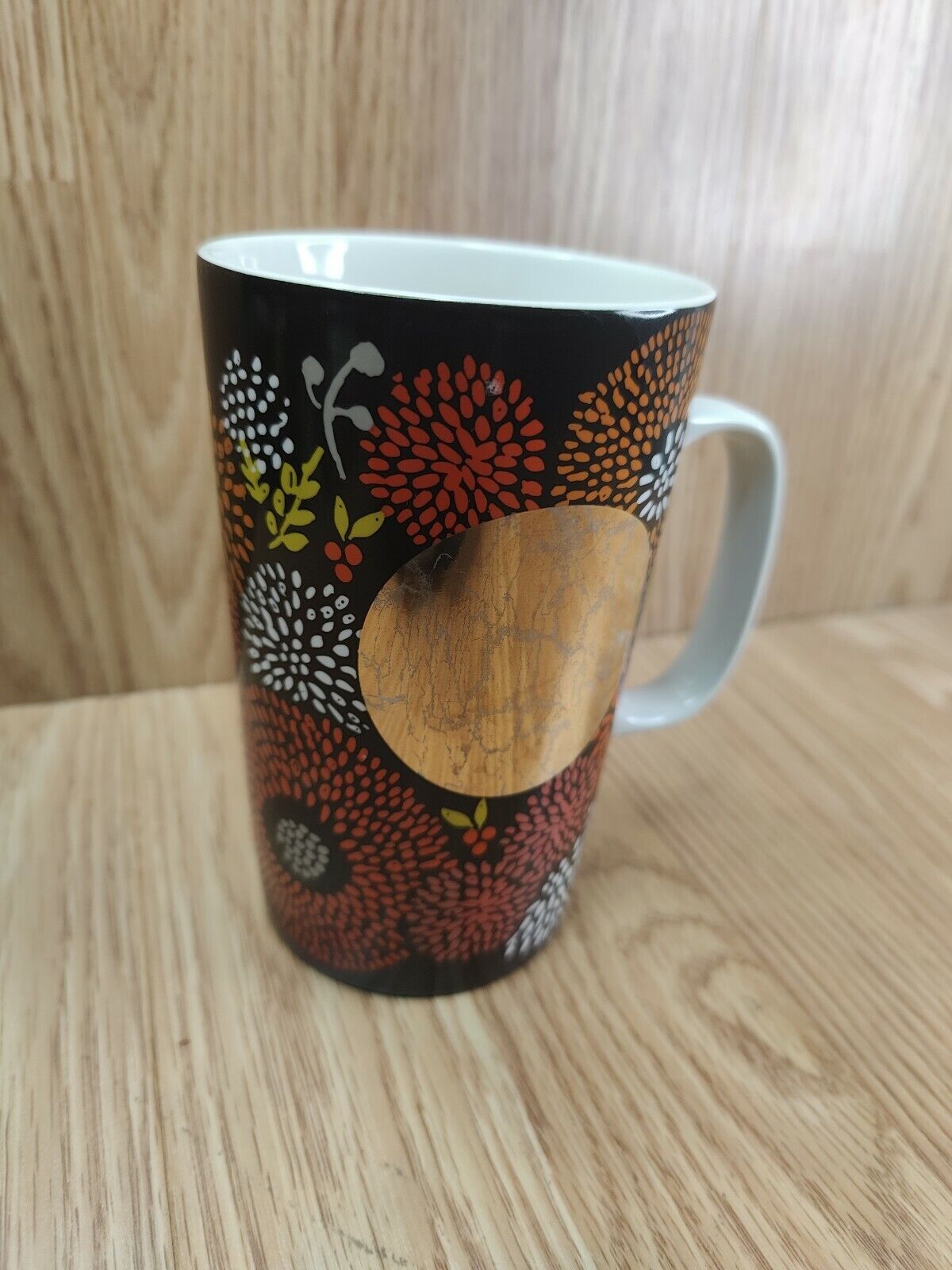 Starbucks 2014 Dot Collection Brown Flower Floral Gold Ceramic Mug Cup 16 fl oz