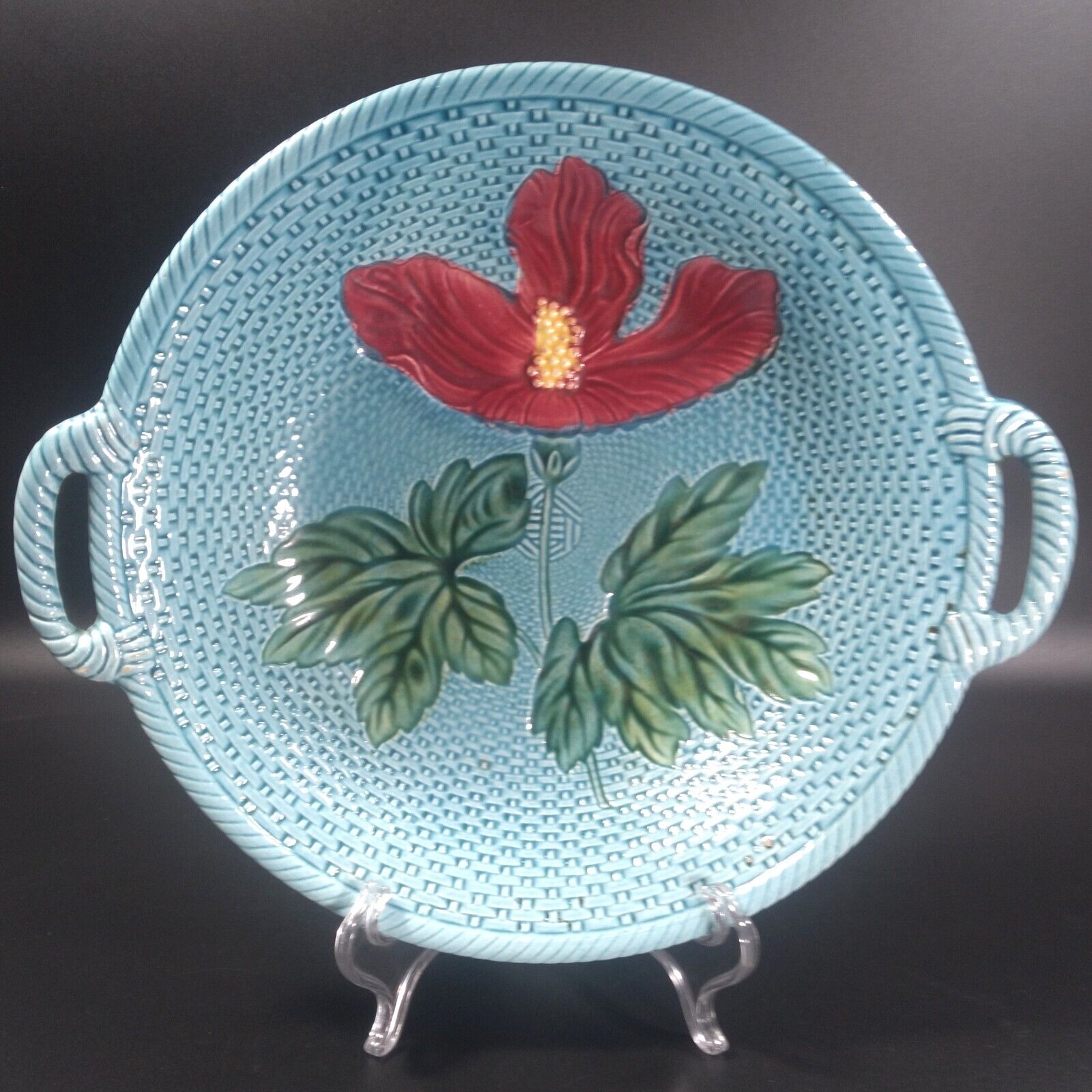 Antique Zell Baden LDBC Majolica Serving Bowl Teal Basket Weave Red Hibiscus