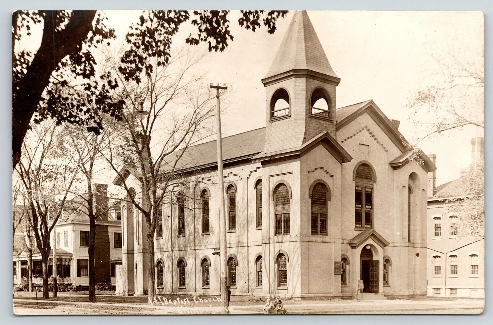 Clinton Iowa~First Baptist Church~Boys on Curb~Mansion Next Door~1920 RPPC