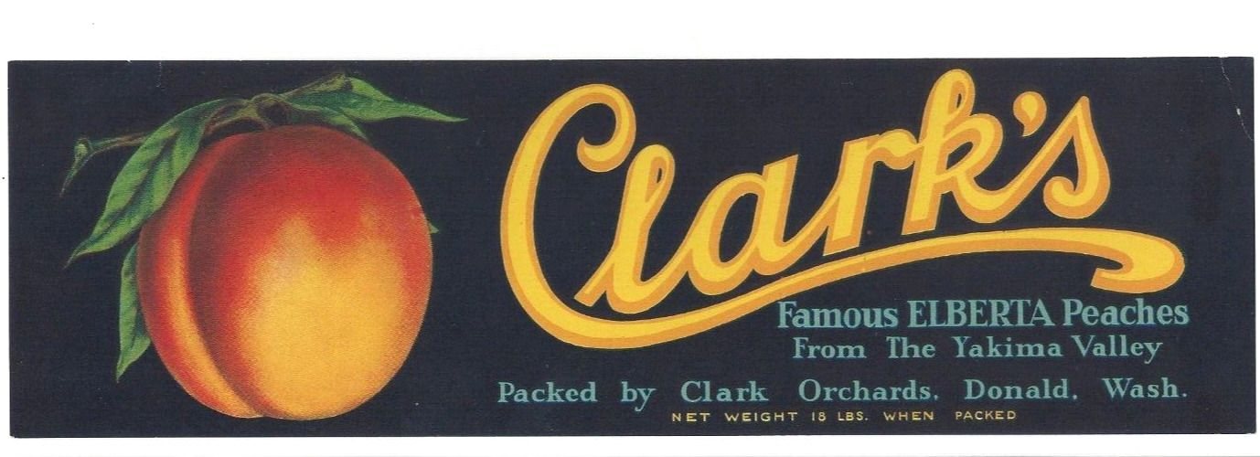 Original 1930s CLARK\'S peach crate label Donald WA Elberta Clark Orchard damaged