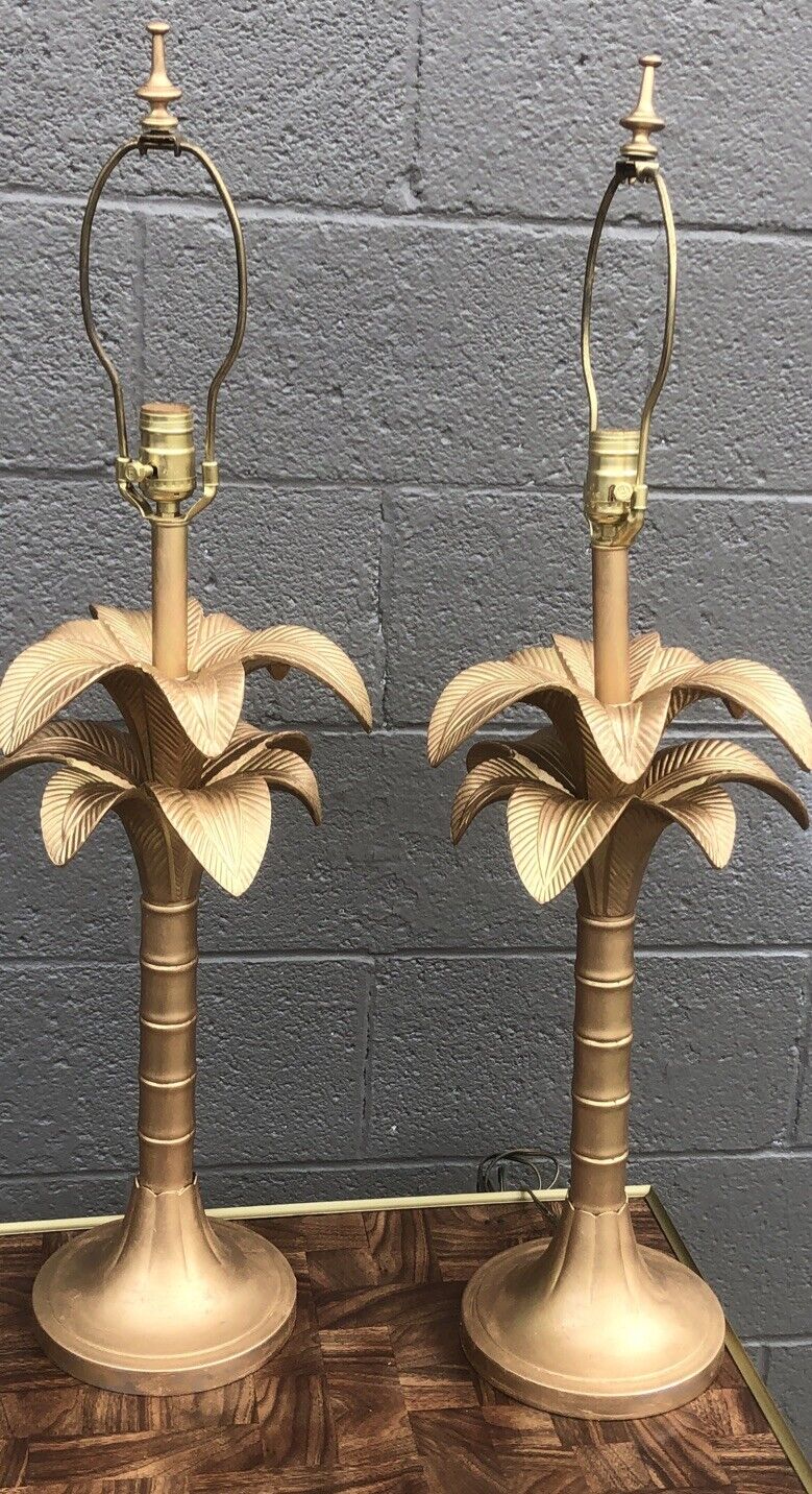 Pair Vintage Gilt Palm Tree Lamps Hollywood Regency MCM 34” Works