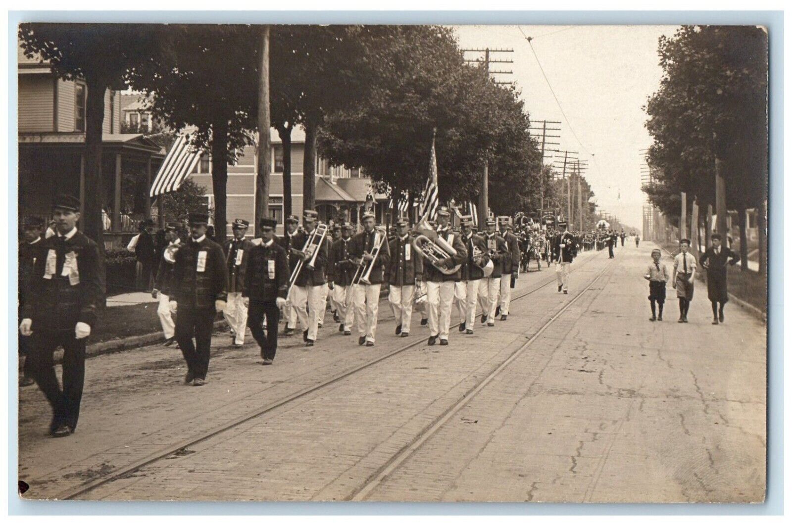 c1910\'s Marching Band Parade Street Scene RPPC Photo Posted Antique Postcard