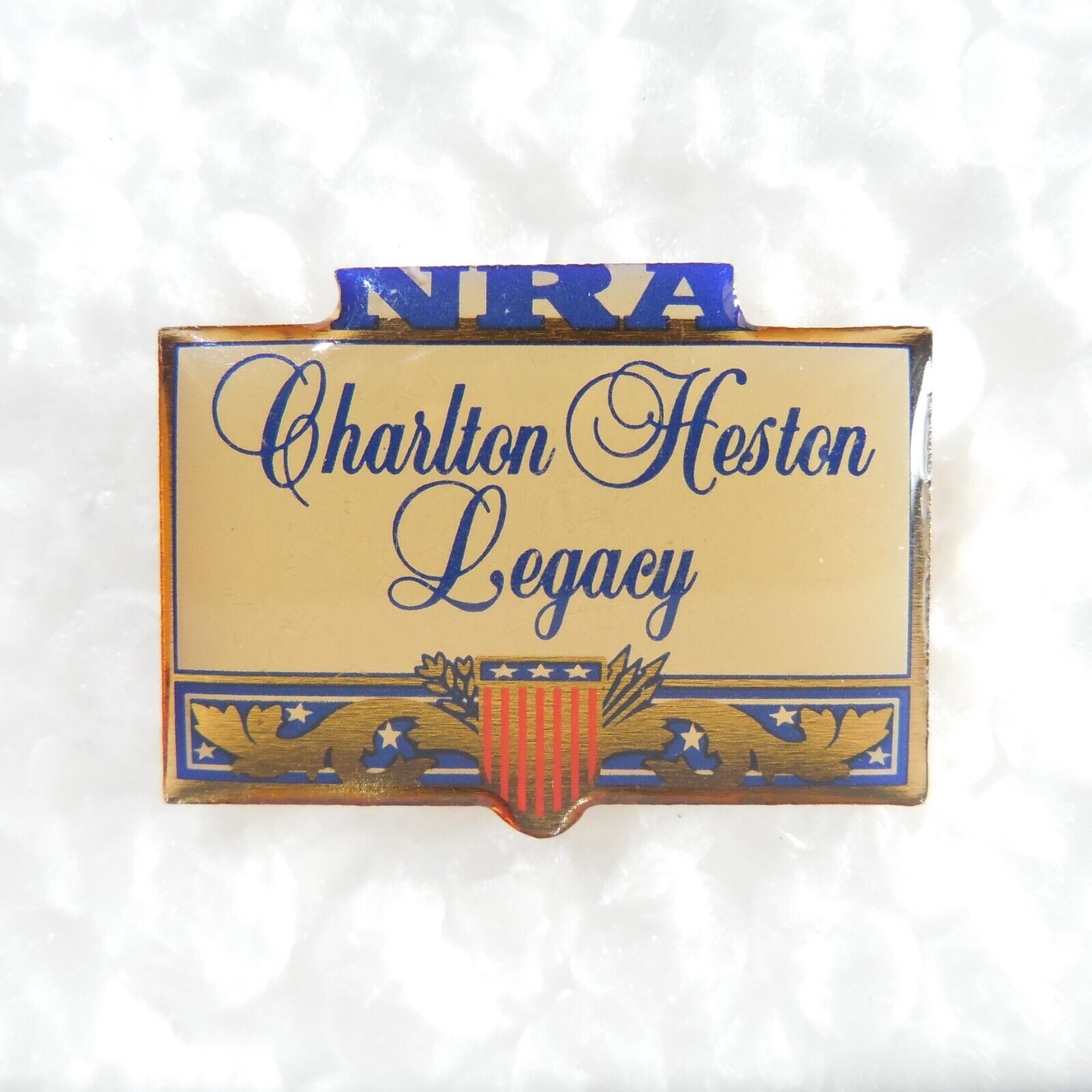 NRA Charlton Heston Legacy Enamel Hat Lapel Jacket Pin Pinback gold tone Shield