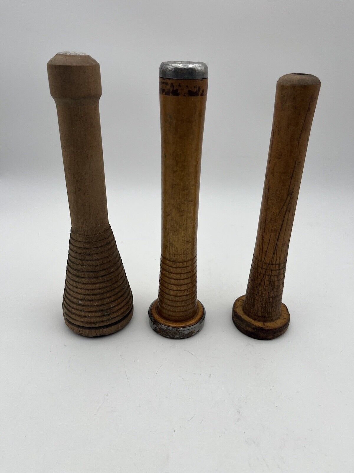 Lot of 3 Vintage Wooden Thread Spools Bobbins 8” & 8 1/2” Tall Beehive Nice