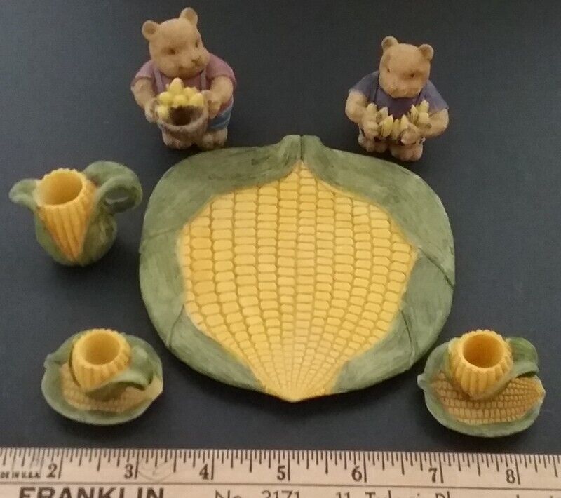 Vintage Miniature Bears And Corn Stalk 10 Piece Tea Set